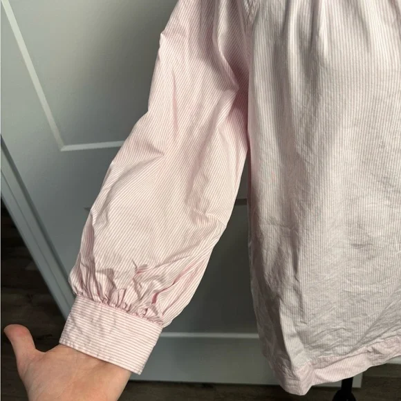 ANN MASHBURN Pink white stipe popover Blouse with Mandarin Collar - Picture 5 of 9